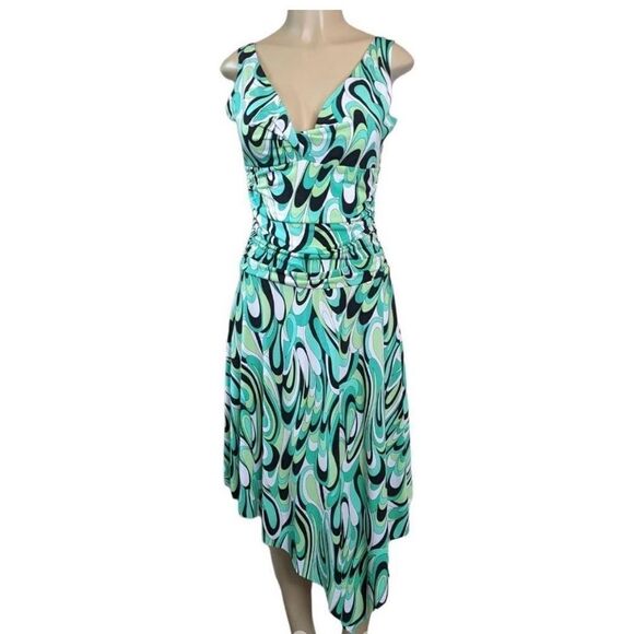 Blue Sage Womens Asymmetric Dress Fit & Flare Abstract V Neck Stretch Green‎ XL - Picture 1 of 10